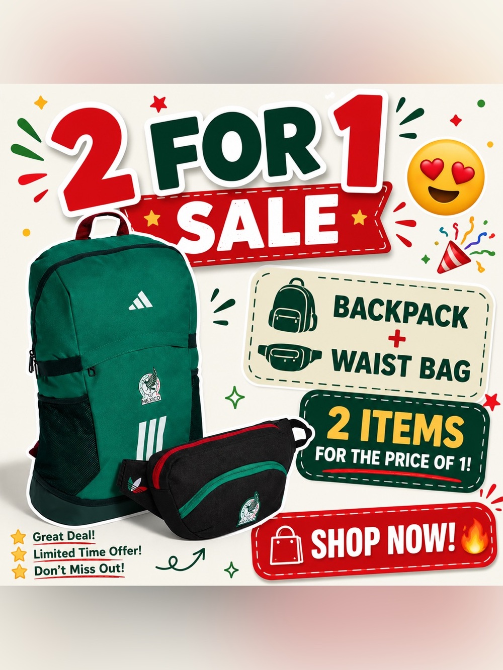 Mexico 26 Adidas Backpack and Black Waist Bag Set